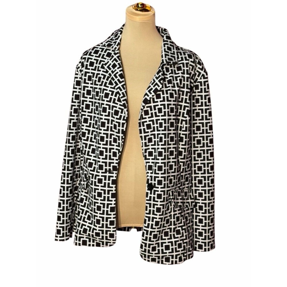 Wearever Black & White Geometric Open Front Blazer Women’s 1X Career Jacket